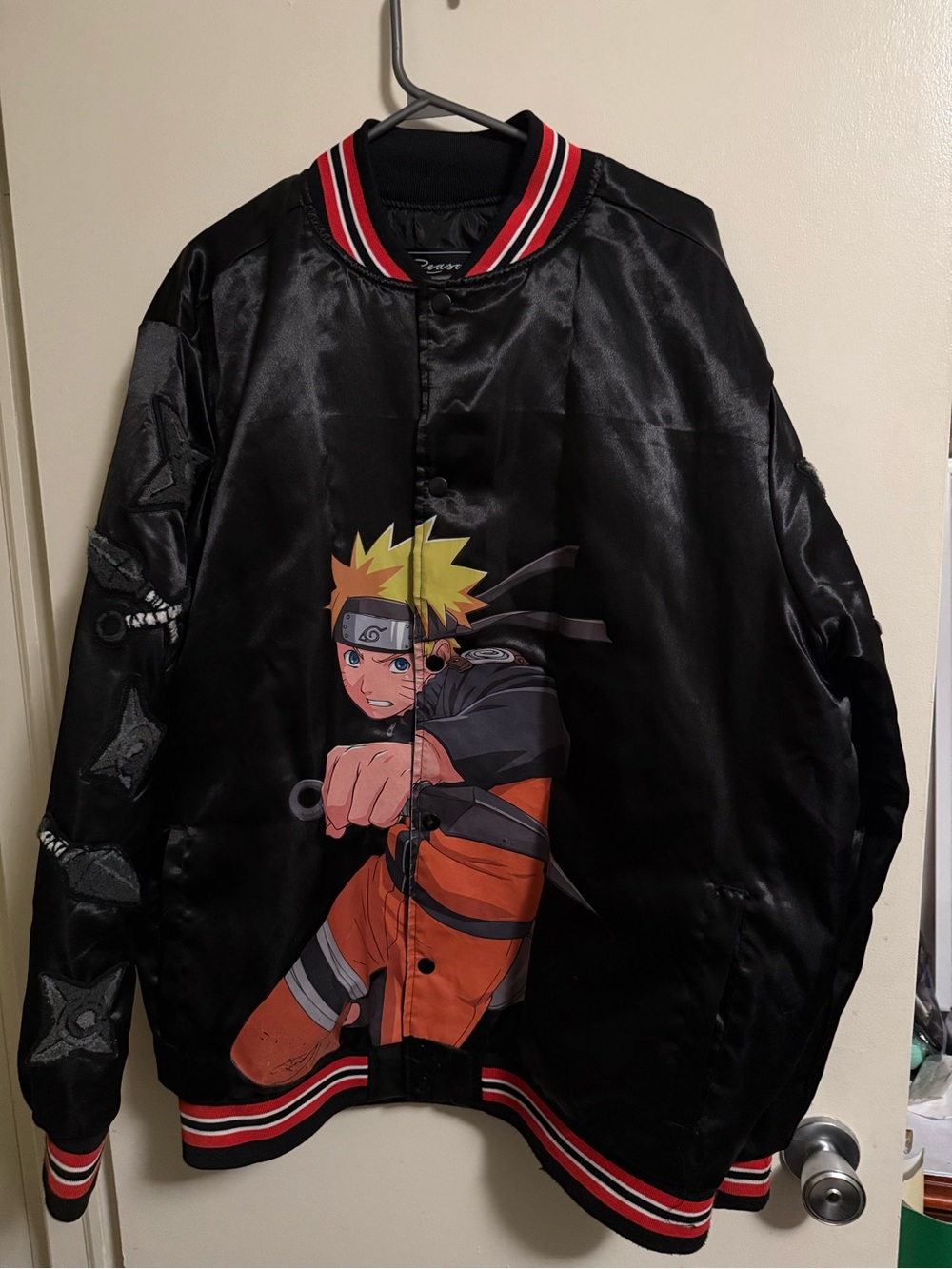 Naruto Black Satin Bomber Jacket with Red-Trim